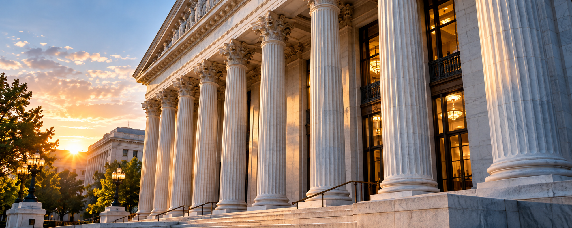 Classical columns of a courthouse at golden hour