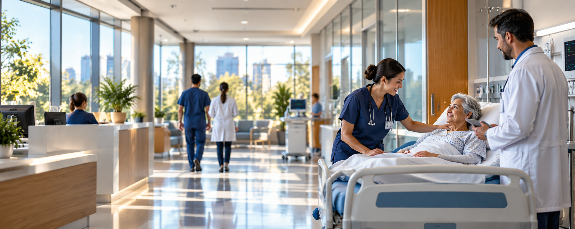 Clinician and nurse attending to a patient in a hospital room
