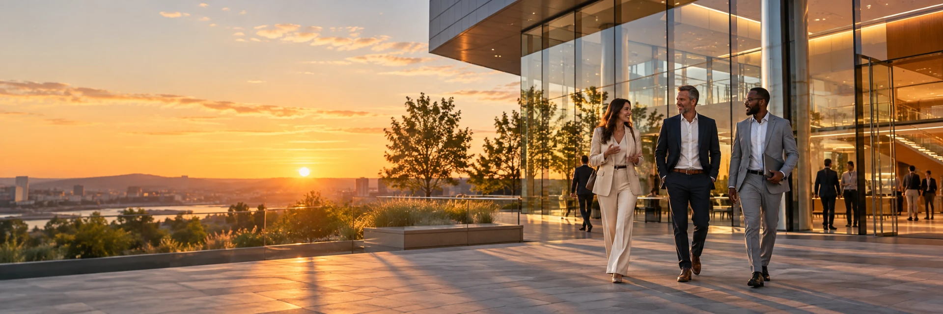 Business leaders walking outside a modern building at sunset